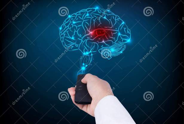 woman-holding-tv-remote-control-brain-blue-background-82066233